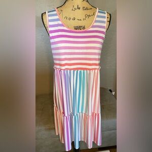 HEIMISH USA Colorful Striped Dress Ruffled hem with scoop neck. Sz L PTP 18.5”